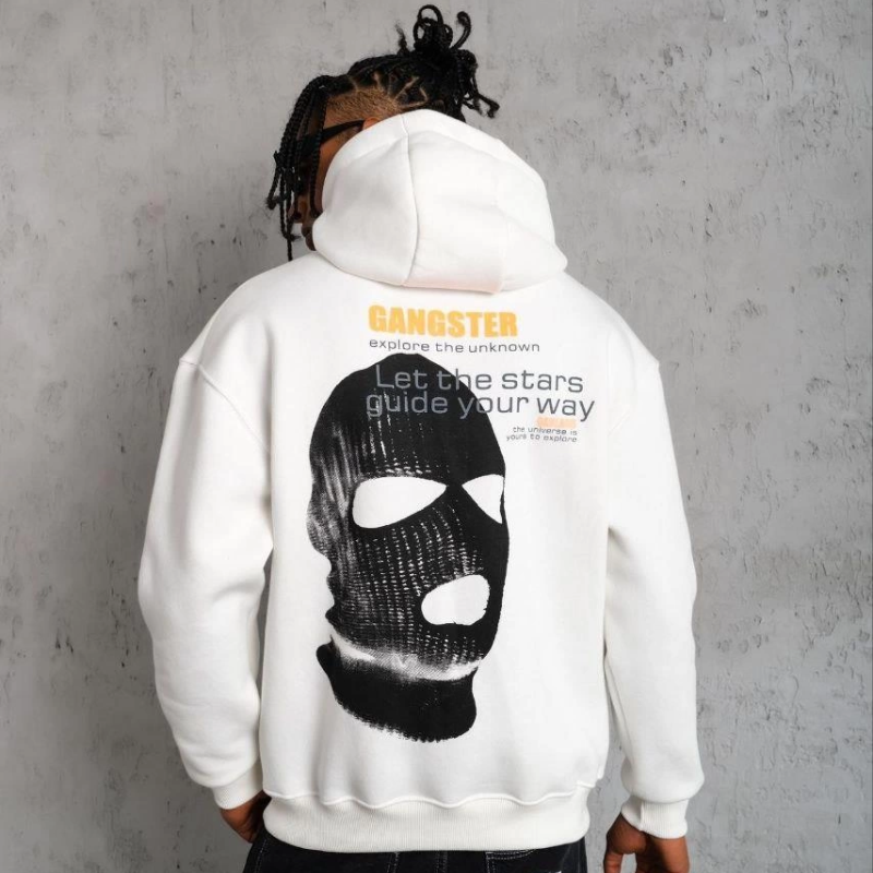 Kordonlu Maske Baskılı Kapüşonlu Sweat - Beyaz -