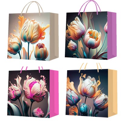 Küçük Boy Lale Desenli Karton Hediye Çantası