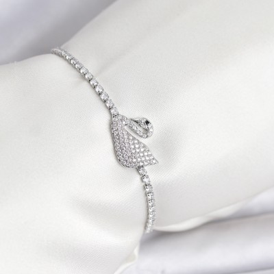 Kuğu Model Zirkon Taşlı Gümüş Renk Asansörlü Su Yolu Bileklik