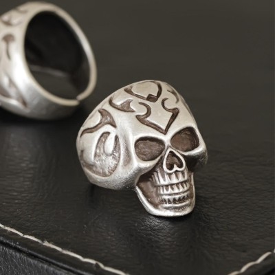 Kuru Kafa Tasarımlı Eskitme Gümüş Desenli Ayarlamalı Model Erkek Yüzük