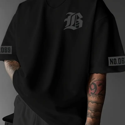 LB Ön Arka Baskılı Oversize Bisiklet Yaka Yazlık T-shirt - Siyah -