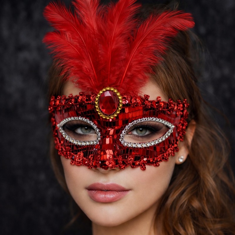 Lüks Kırmızı Tüylü Taşlı Balo Maskesi