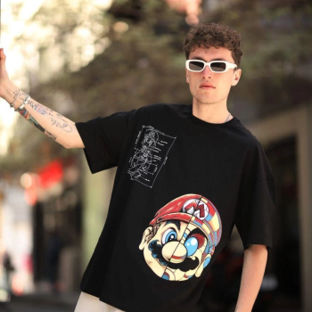 Mario Baskılı Oversize T-Shirt - Siyah -