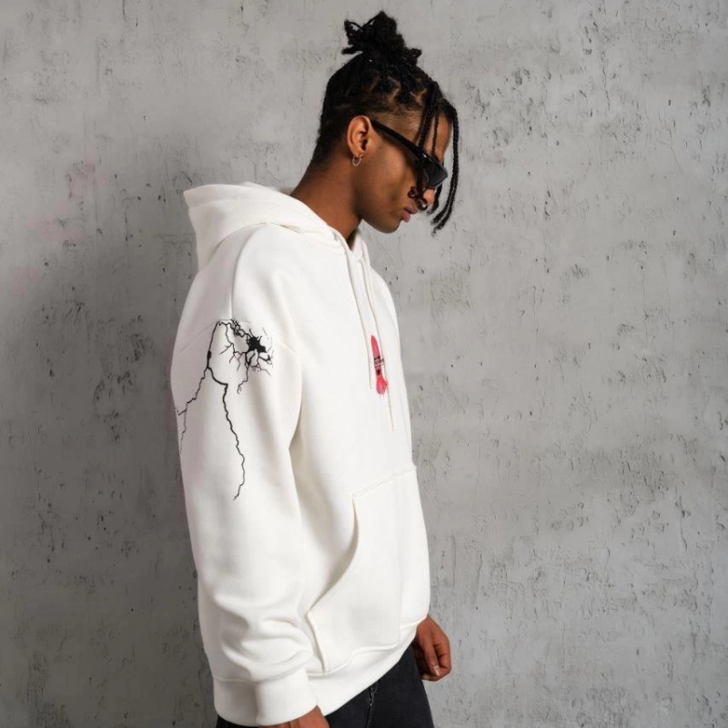 Maske Baskılı Kapüşonlu Sweat - Beyaz