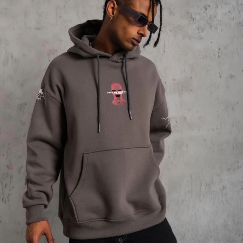 Maske Baskılı Kapüşonlu Sweat - Gri