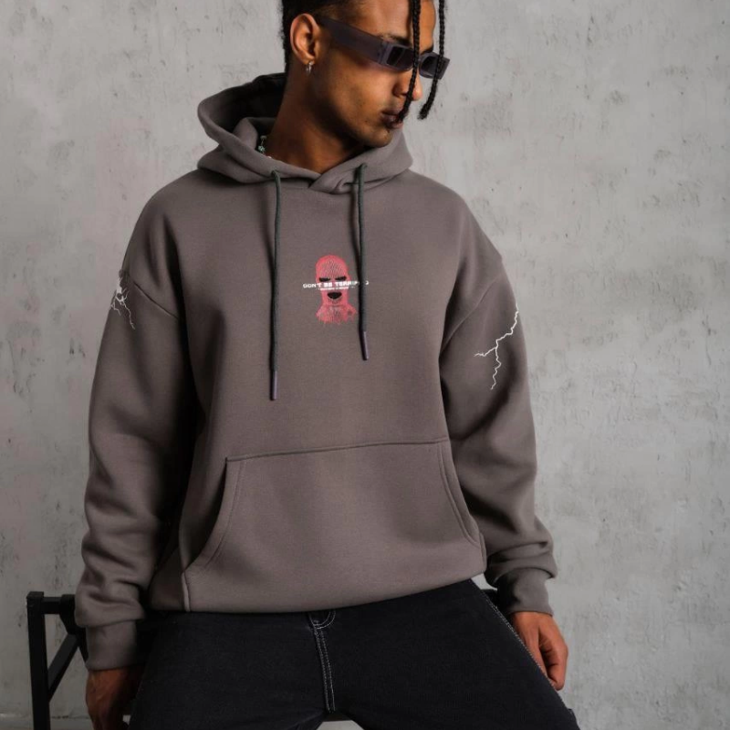 Maske Baskılı Kapüşonlu Sweat - Gri