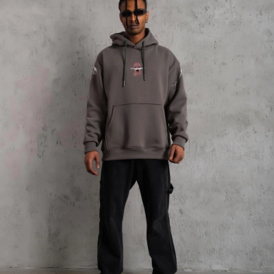 Maske Baskılı Kapüşonlu Sweat - Gri