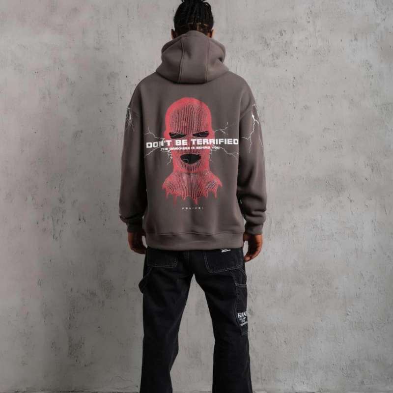 Maske Baskılı Kapüşonlu Sweat - Gri