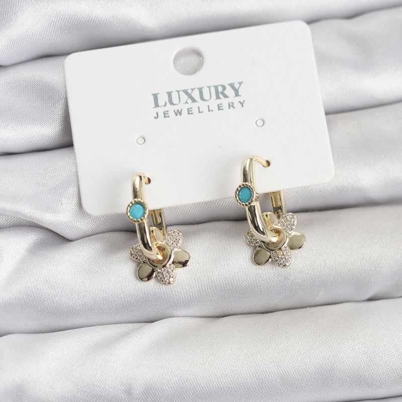 Mavi Taş Detaylı Pirinç Gold Renk Kadın Göçmen Küpesi