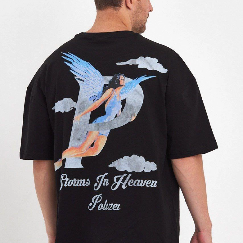 Melek Baskılı Oversize T-shirt - Siyah -