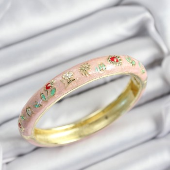 Mineli Pirinç Pembe Çiçek Motifli Gold Renk Kadın Kelepçe