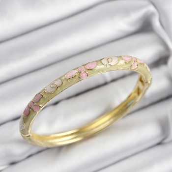 Mineli Pirinç Pembe Hardal Ve Krem Çiçek Motifli Gold Renk Kadın Kelepçe