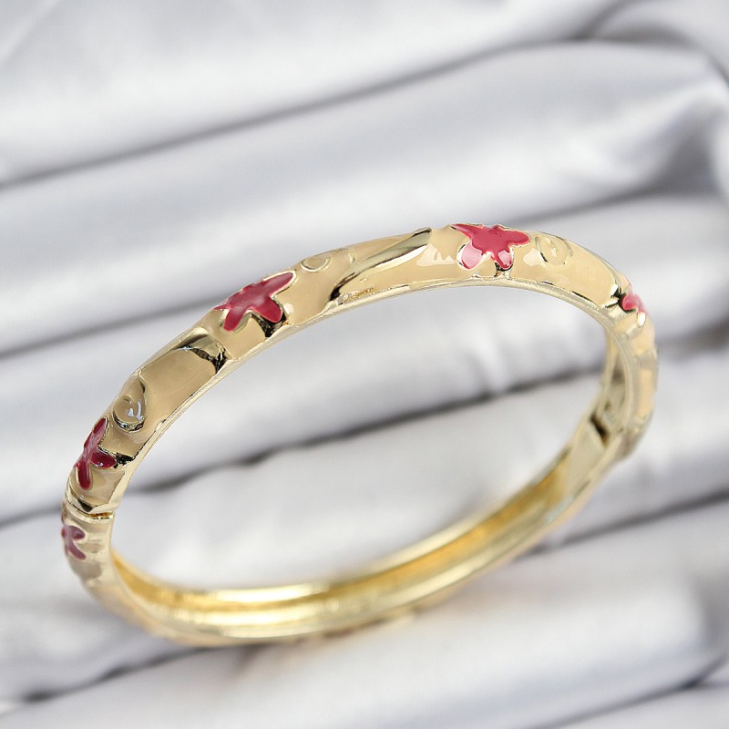 Mineli Pirinç Pembe Ve Krem Çiçek Motifli Gold Renk Kadın Kelepçe