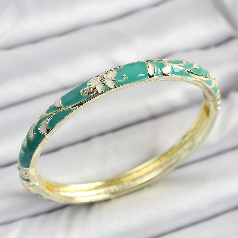 Mineli Pirinç Yeşil Çiçek Motifli Kadın Kelepçe