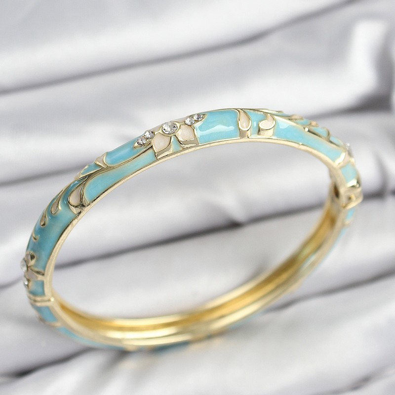 Mineli Pirinç Zirkon Taşlı Turkuaz Çiçek Motifli Gold Kadın Kelepçe