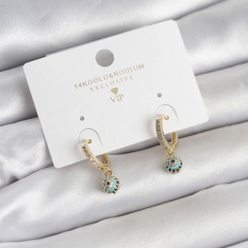 Minimal Nazarlı Model Gold Renk Zirkon Taşlı Kadın Küpe