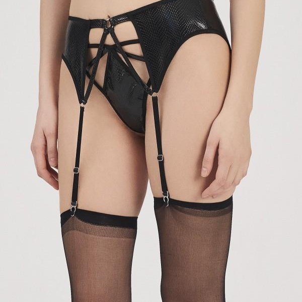 Moonlight 3219 Siyah Deri Görünümlü Jartiyer String Takımı