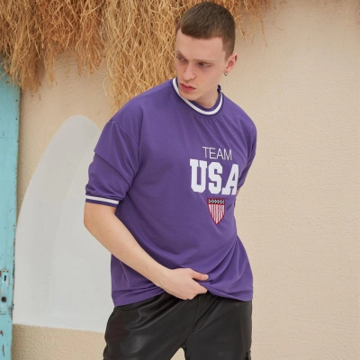 Nakış İşlemeli Ribanalı Oversize T-shirt - Mor