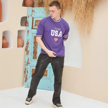 Nakış İşlemeli Ribanalı Oversize T-shirt - Mor