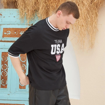 Nakış İşlemeli Ribanalı Oversize T-shirt - Siyah