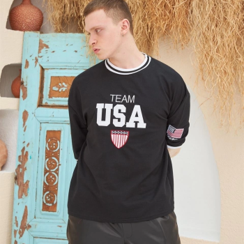 Nakış İşlemeli Ribanalı Oversize T-shirt - Siyah