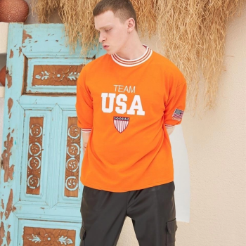 Nakış İşlemeli Ribanalı Oversize T-shirt - Turuncu