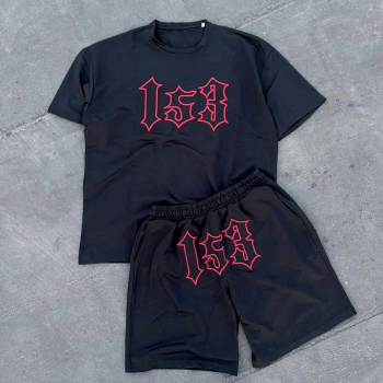 Nakış İşlemeli Şortlu Takım - Siyah -