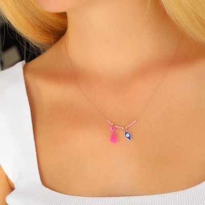 Nazar Boncuklu Pembe Renk Taşlı Rose Kadın Kolye