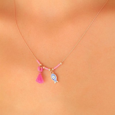 Nazar Boncuklu Pembe Renk Taşlı Rose Kadın Kolye