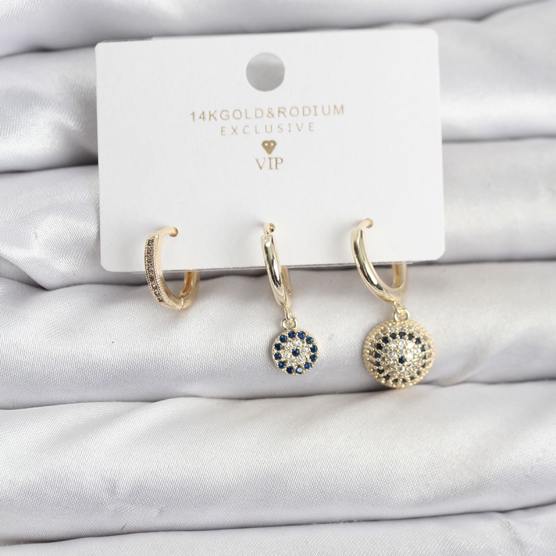 Nazar Model Gold Renk Pirinç 3'lü Kadın Küpe Seti