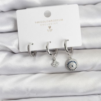 Nazar Model Gümüş Renk Pirinç 3'lü Kadın Küpe Seti