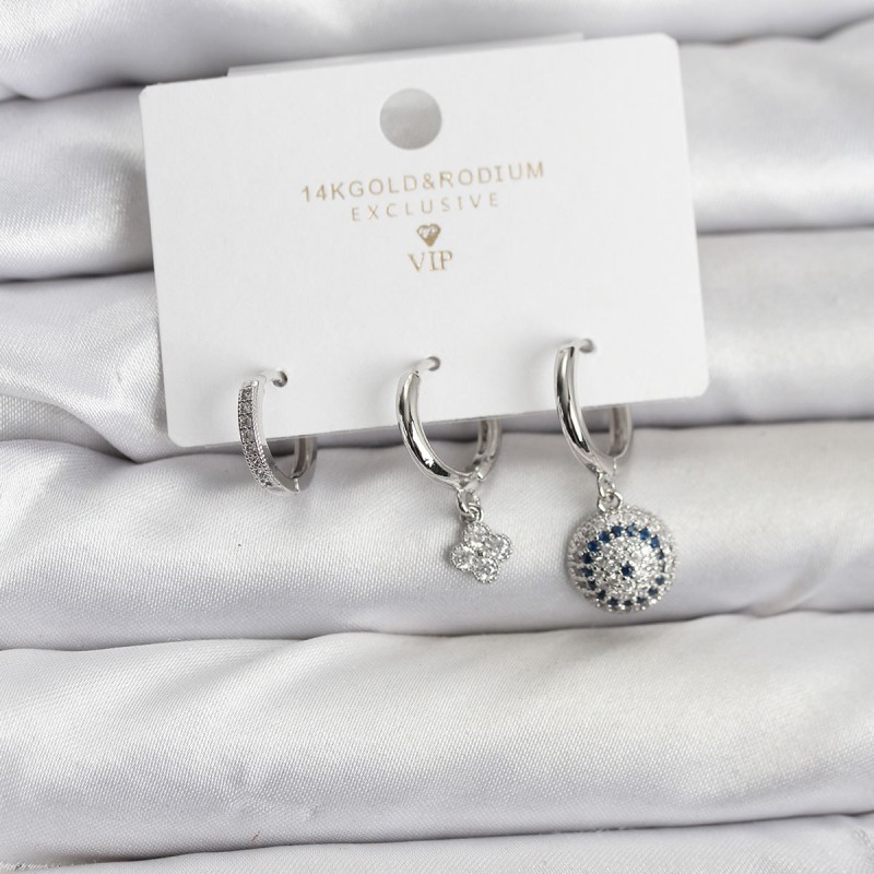 Nazar Model Gümüş Renk Pirinç 3'lü Kadın Küpe Seti