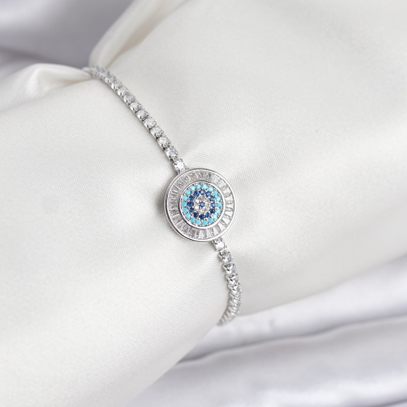 Nazar Model Zirkon Taşlı Gümüş Renk Asansörlü Su Yolu Bileklik