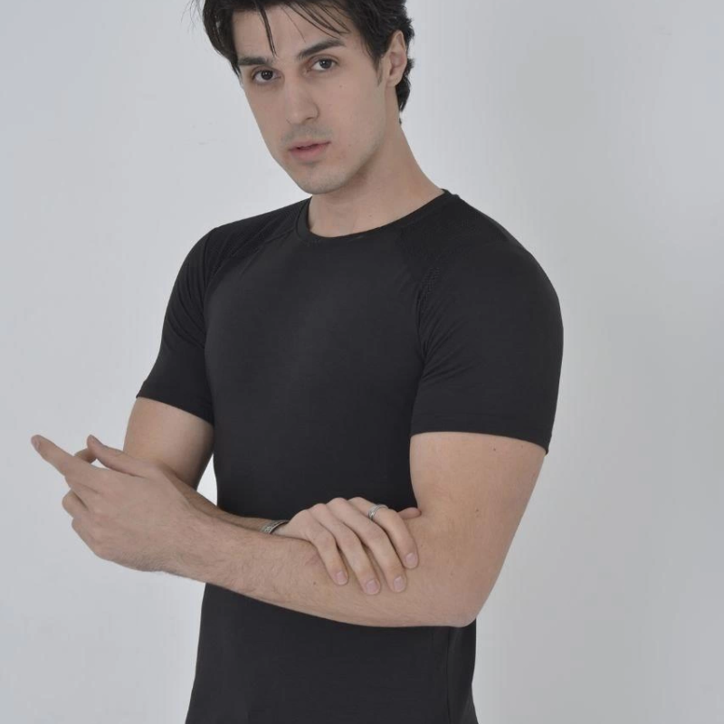 Omuz Fileli Slim Fit T-shirt - Siyah -