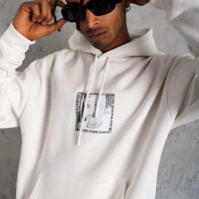 Ön Arka Baskılı Kapşonlu Sweat - Beyaz -