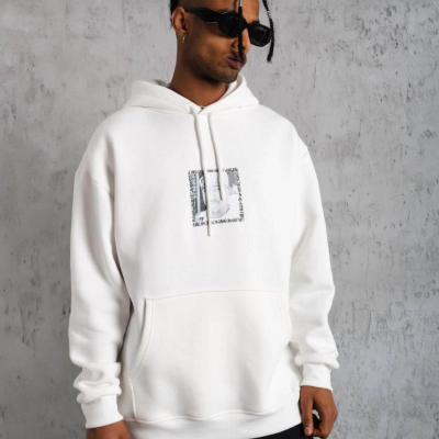 Ön Arka Baskılı Kapşonlu Sweat - Beyaz -