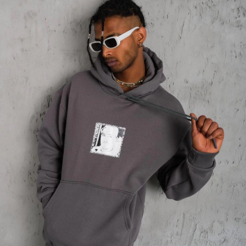 Ön Arka Baskılı Kapşonlu Sweat - Gri