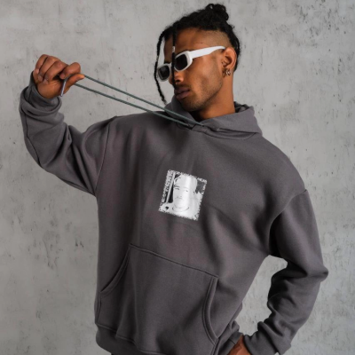 Ön Arka Baskılı Kapşonlu Sweat - Gri