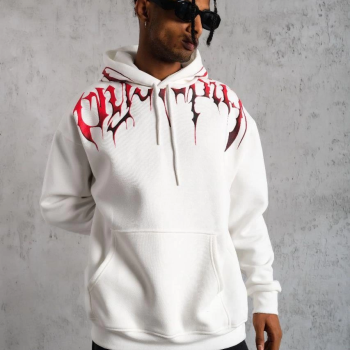 Ön ve Arka Baskılı Kapüşonlu 3 İplik Sweatshirt - Beyaz