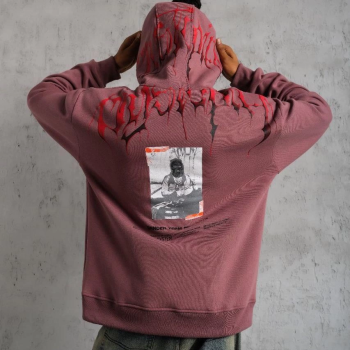 Ön ve Arka Baskılı Kapüşonlu 3 İplik Sweatshirt - Gül Kurusu