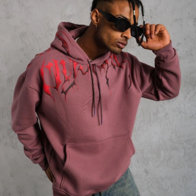 Ön ve Arka Baskılı Kapüşonlu 3 İplik Sweatshirt - Gül Kurusu