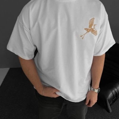 Ön ve Arka Baskılı Oversize Bisiklet Yaka T-shirt - Beyaz -