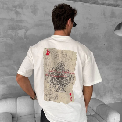 Ön ve Arka Baskılı Oversize Bisiklet Yaka T-shirt - Beyaz -