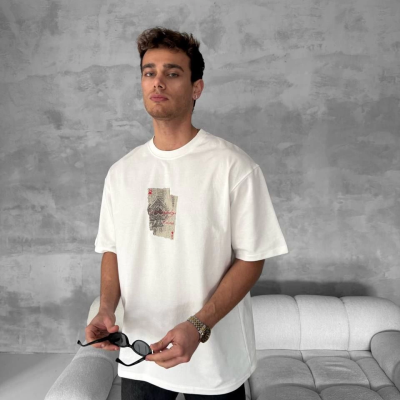 Ön ve Arka Baskılı Oversize Bisiklet Yaka T-shirt - Beyaz -