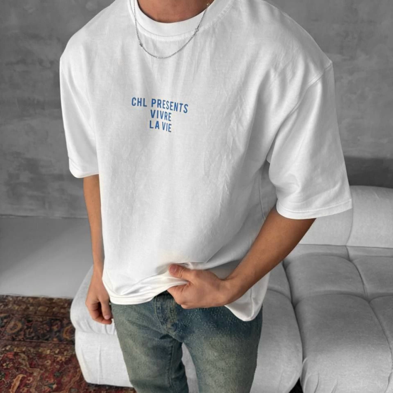 Ön ve Arka Baskılı Oversize Bisiklet Yaka T-shirt- Beyaz -