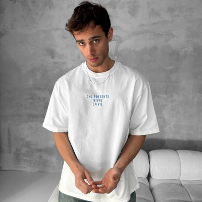 Ön ve Arka Baskılı Oversize Bisiklet Yaka T-shirt- Beyaz -