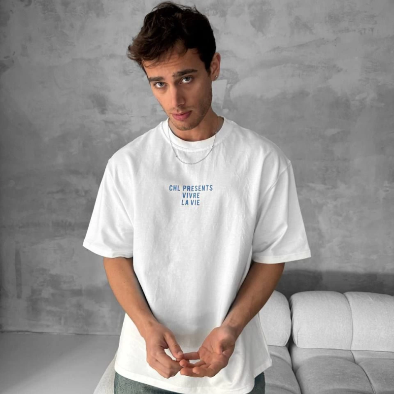 Ön ve Arka Baskılı Oversize Bisiklet Yaka T-shirt- Beyaz -