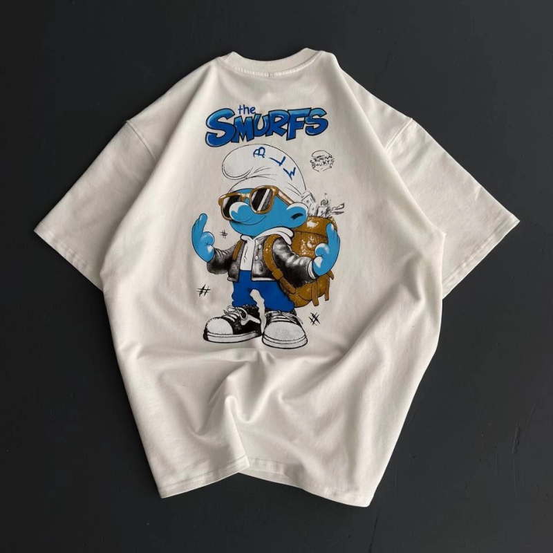 Ön ve Arka Baskılı Oversize Bisiklet Yaka T-shirt- Beyaz -