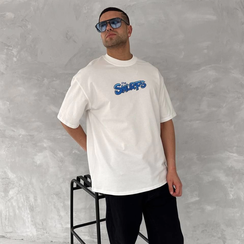 Ön ve Arka Baskılı Oversize Bisiklet Yaka T-shirt- Beyaz -