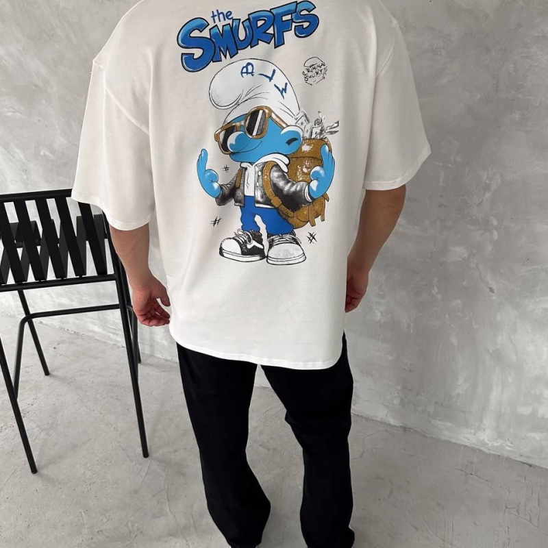 Ön ve Arka Baskılı Oversize Bisiklet Yaka T-shirt- Beyaz -